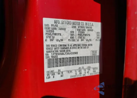 2003 Ford F150 Supercrew z USA, uszkodzony, nr VIN 1FTRW08L73KA53582